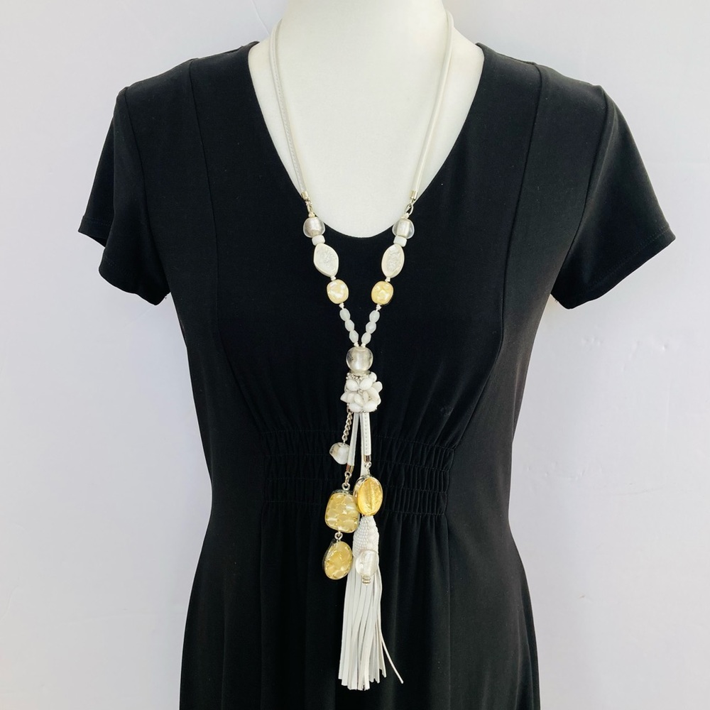 Chico’s Abigail Lariat Tassel Necklace Adorned White Leather Beaded Gold Silver